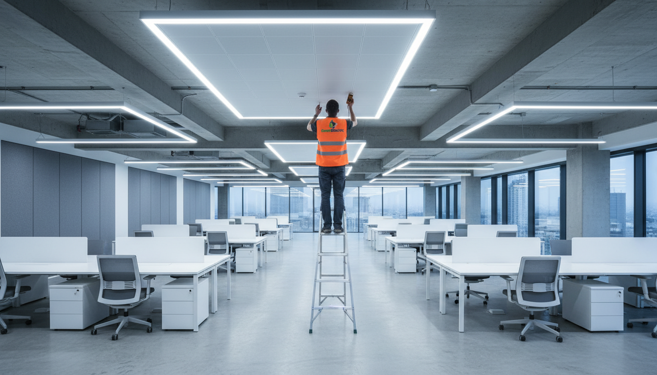 Wide shot of a modern, newly completed commercial office space