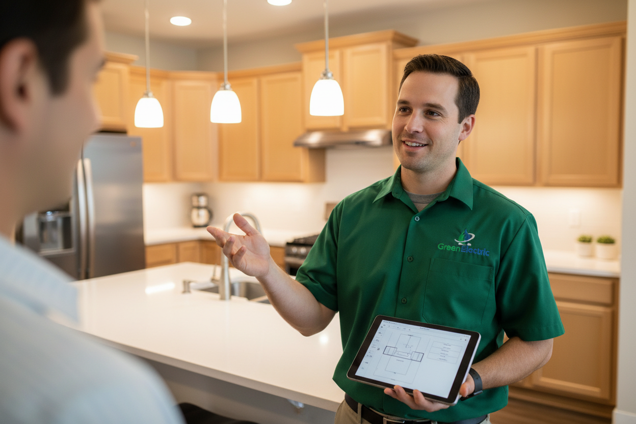 Electrician discussing with homeowner