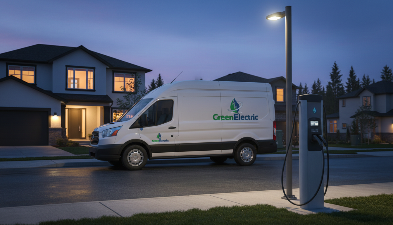 Residential street at dusk with EV charger